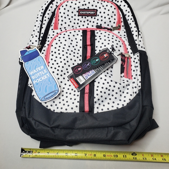 Eastsport 18.5" Rally Sport Black & White Polka Dot Backpack w Tech Pocket NWT - Picture 13 of 14